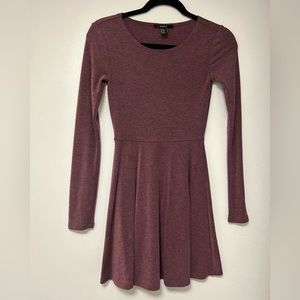 Mauve long sleeve mini dress. Fitted top, flared at skirt. Forever 21, XS